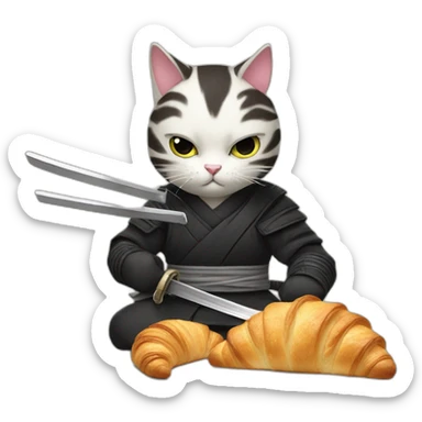 Ninja cat cuts croissant with  katana sticker