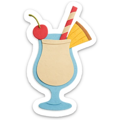 pina colada glass with a cherry, pineapple wedge, and paper straw, vibrant colors in paper-craft style sticker
