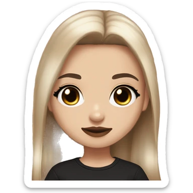 Slavic girl, light skin, goth eyes makeup, pink beige lips, brown eyes, long black-to-blonde ombre straight hair, black T-shirt, chibi, smiling. sticker