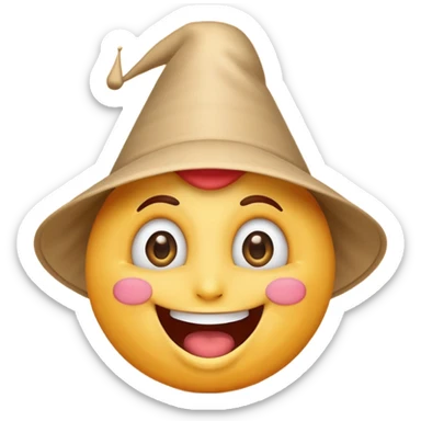 A crazy, laughing emoji with a funnel hat on its head. Exaggerated wide smile, big expressive eyes, playful and silly expression. Cartoon style, clean lines, bright colors, simple background, emoji-style illustration, high quality, centered composition sticker