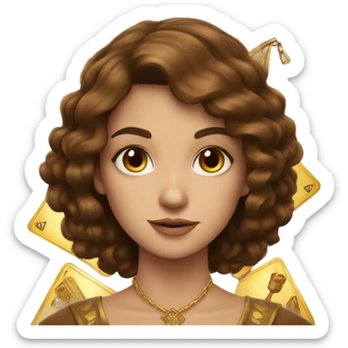 Brown hair beautiful girl with brown tarot gold cards sticker