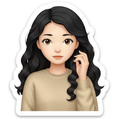 Beautiful girl,Black hair, wavy long hair,Black eyes,Chinese, beige sweater  sticker