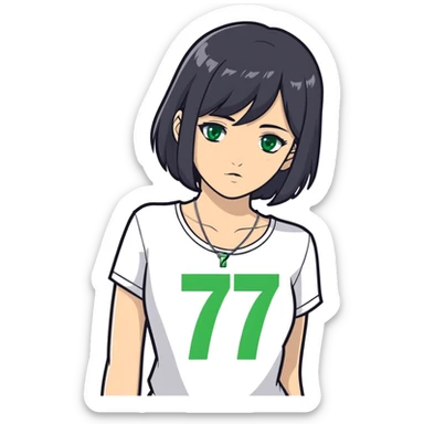 girl with black hair, grey and green eyes, with white top and silver necklace with number 777 sticker