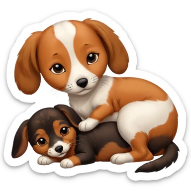 Calico cat with black nose sleeping near a black and brown nose dachshund dog     sticker