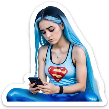 Shameful disappointed crying-very very very very big chest-texting on a samsung cell phone-very long straight flowing black to sky blue hair ombre-blue eyes-black eyeliner-long eyelashes-plastic sparkling sky blue very low cut tank top with sparkling superman logo-black leggings-nike sneakers sticker