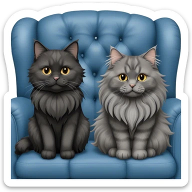 A large black smoke Maine Coon cat with long grey ear tufts and a fluffy grey ruff, sitting next to a chubby British Shorthair cat in blue color with plush fur, both sitting comfortably on a leather sofa. Beautiful room background with flowers and soft lighting. Transparent background. sticker