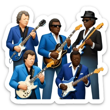 Icon for Blues Music: close-up collage of legendary blues artists. Gary Moore, Eric Clapton, B.B. King and Joe Cocker. Represented by silhouettes or symbolic items like guitars, microphones, or music notes, reflecting the soulful energy of blues music. Transparent background. sticker