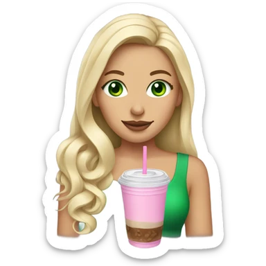 woman with green eyes, long curled blonde hair with a pink bow holding an iced coffee sticker