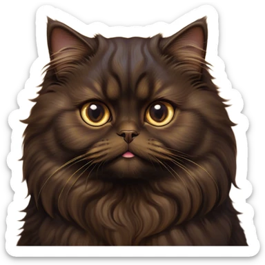 Cinematic Adorable Big-Eyed Fluffy Dark Brown Persian Cat Portrait Emoji, Head tilted playfully with a sweet expression, fluffy dark brown fur with rich caramel and gold undertones, Simplified yet irresistibly cute features with large, expressive eyes, highly detailed, glowing with a warm and gentle glow, high shine, a mix of affectionate and curious, stylized with a touch of whimsy, bright and full of charm, soft glowing outline, capturing the essence of a fluffy, loving kitty with oversized eyes, so endearing it feels like it could leap out of the screen and cuddle with you instantly! sticker