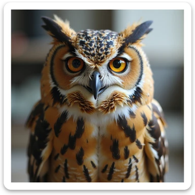 realistic wise owl smiling and making the saranghae (Korean finger heart) sign, detailed feathers and lifelike expression, photorealistic, naturalistic style sticker