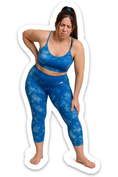 a woman in her 30s  holding her lower back with a pained expression. Subtle visual cues, like uneven shoulders or hips, hint at postural asymmetry. symbolizing chronic pain over the years. vista anatomicamente non farla troppo grassa sticker