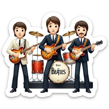 Rock music icon: The Beatles performing live on stage. John Lennon with guitar, Paul McCartney with bass, George Harrison with guitar, Ringo Starr on drums. Bright lights, energetic performance. Transparent background. sticker