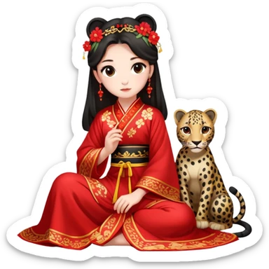A beautiful girl in red Hanfu wedding dress sits on the ground holding a black leopard sticker