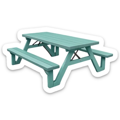 simple rectangular picnic table with attached benches, soft teal color, white end caps on table and benches, all legs straight, small wheels underneath, flat wood-style silhouette, muted teal tone, clean geometry, minimal shading sticker