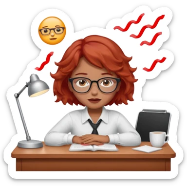 Pretty model, brown eyes, soft red short wavy hair, falling asleep at desk, wearing glasses sticker