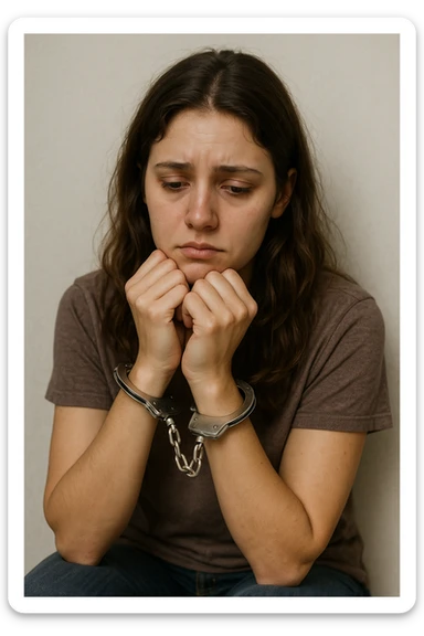 realistic illustration of a girl who is handcuffed, looking sad, neutral background sticker
