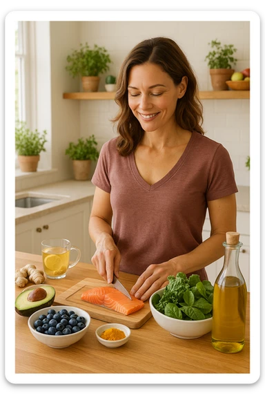 Donna tra i 30 e i 40 anni in una cucina luminosa, serena e sorridente, mentre prepara un pasto a base di cibi antinfiammatori: avocado, mirtilli, salmone selvaggio, verdure a foglia verde, olio d’oliva, curcuma. Il piano cucina è ordinato, ricco di colori naturali. Sullo sfondo: erbe fresche, frutta, una tisana allo zenzero. La donna appare in forma, rilassata e consapevole delle sue scelte. Atmosfera calda e armoniosa, luce naturale. Stile realistico, tono positivo e ispirazionale sticker