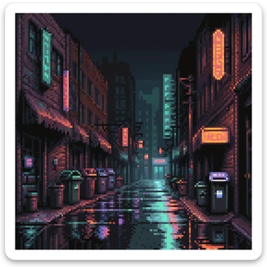 Pixel art background, side view of a dark Gotham-style street at night, moody lighting, flickering neon signs, trash bins, wet pavement, shadows in windows, 2D fighting game stage style, straight camera angle, vertical layout, 9:16 aspect ratio, suitable for mobile game
 sticker