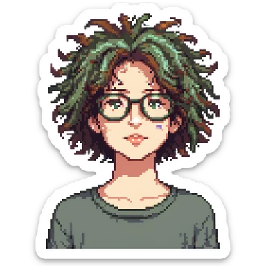 computer nerd icon, thick glasses, messy hair, playful, pixel art style sticker