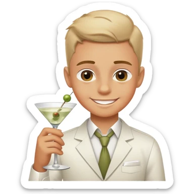 smiling boy in white shirt with dirty martini sticker