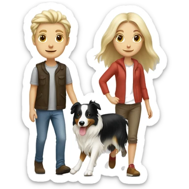 Blond white couple (long hair girl) walking tricolor border collie sticker