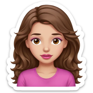 girl with long wavy brown hair, brown eyes, light to medium complexion, in a pink shirt, pink lips, long lashes, puckering lips, winking sticker