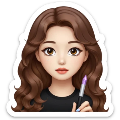 “korean brown hair Emoji girl, soft eyeliner, gradient lips, light brown shimmer eyeshadow, sparkly aegyo-sal, long wavy hair,  sticker
