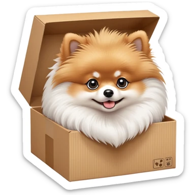  A very cute young pomeranian  with one's head tilted to one side poked its paws out of the cardboard big box and placed them on top of it sticker