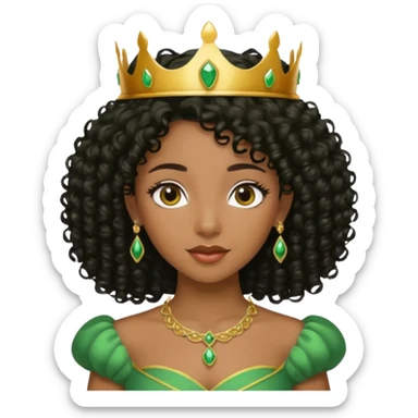 balck princess with black curly hair and a golden tiara. Green dress sticker