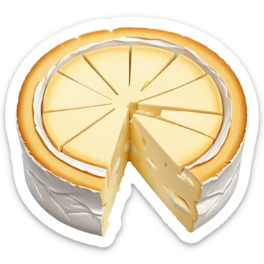 small wheel of camembert cheese, white bloomy rind, creamy pale yellow inside, one slice cut out revealing soft slightly oozing center, smooth rich texture, subtle wrinkled rind, no box or extras, soft lighting, subtle shadows, emoji scale sticker