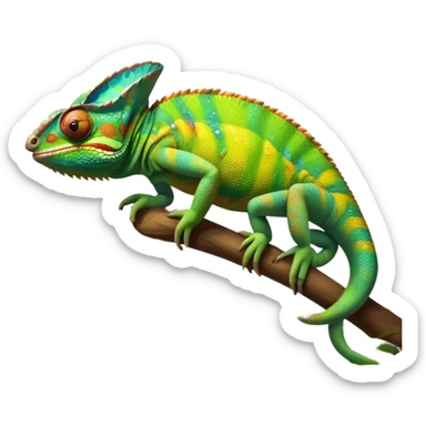 Giant Chameleon blending into natural surroundings, perched on a branch. Its vibrant colors shift with the environment. Lush greenery, branches, and soft sunlight create a peaceful, nature-filled background. Transparent background, showcasing the chameleon's colorful, textured skin. sticker
