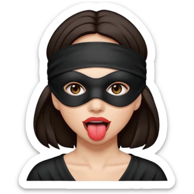 woman with dark brown hair wearing black blind fold completely covering her eyes. tongue out sticker