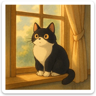 ghibli style cat perched on a window sill with soft lighting sticker