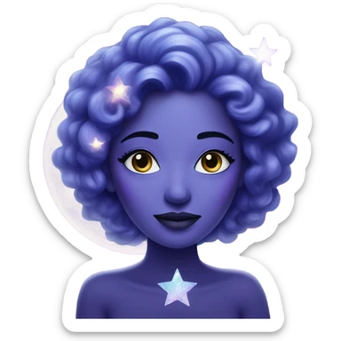 mystical woman with white skin with sparkling galaxy hair with moon and stars in purple and blue shades sticker