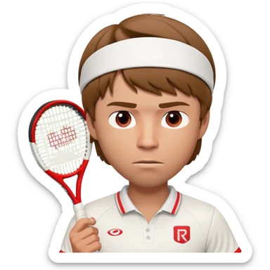 A 3D cartoon-style illustration of a male tennis player resembling Andrey Rublev. He is wearing a white tennis shirt with a small logo, a white wristband, and holding a red and white tennis racket. His expression is serious and focused. He has short brown hair and a headband with a small red logo. The style is similar to an Apple emoji or Memoji character – clean, high-quality, slightly exaggerated facial features, and polished rendering. White background.
 sticker
