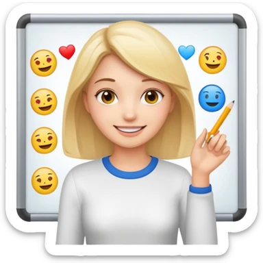 Make an emoji of a girl who is teaching how to make emojis on a board sticker