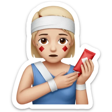 Generate a realistic emoji of a package being unpacked and the person is sad because they got hurt by the package sticker