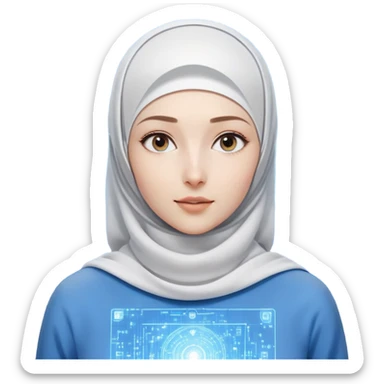 girl with white hijab in blue clothes, surrounded by screens displaying advanced holographic projections, quantum computing visuals, neural networks, futuristic UI elements, flowing digital code sticker