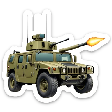 Humvee (2005) – Cinematic-realistic Humvee, its rugged olive-green frame bouncing over rough desert terrain. Soldiers grip their weapons tightly as the turret gunner scans the horizon, dust kicking up behind the armored vehicle under the blazing midday sun, with distant radio chatter crackling through the air. sticker
