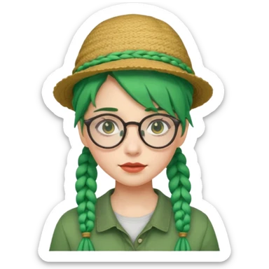 girl with green hairs, braids and spectacle and hat sticker