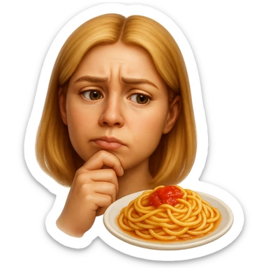 donna che guarda pensierosa un piatto di pasta, stile emoji iphone, iperrealistico 4k sticker