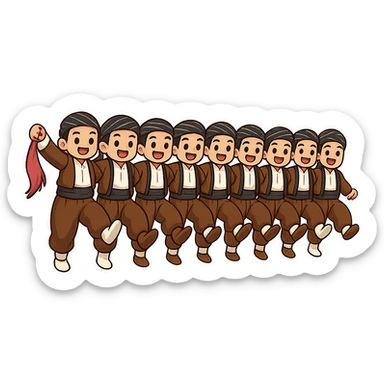 Create a colorful and joyful cartoon sticker of a group of Kurdish men in traditional clothing exactly as in the reference image: brown Kurdish pants, white shirts, black vests and sashes, and headscarves. They are dancing Kurdish dance holding hands with raised legs. No text. Suitable for WhatsApp and Instagram with a transparent background. sticker