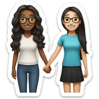 An emoji of a brunette girl with long hair, joyfully holding hands with a black-haired girl wearing glasses, both smiling and expressing happiness sticker