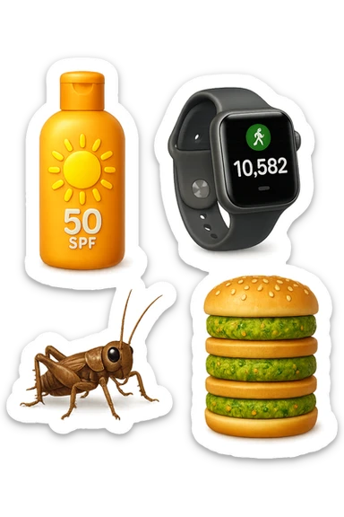 emoji stile iphone di una boccetta di CREMA SOLARE, UNO SMARTWATCH CONTAPASSI, UN GRILLO, UNA TORRETTA DI HAMBURGER FATTI CON I PISELLI, IPERREALISTICO 4K sticker