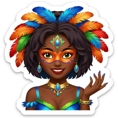 i need the same girl in "dark skin girl, dark red lipstick, nails very beautiful" to be smiling in "carnival mas costume, blue, green and orange preferably, full costume feathers at the back" she is to be smiling, hair should be dark and in a bob  sticker