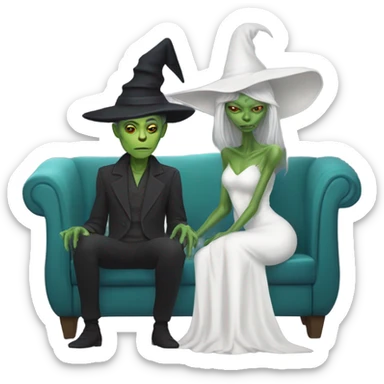 alien reptilian woman as witch, human man in white dress, sitting on a couch  sticker
