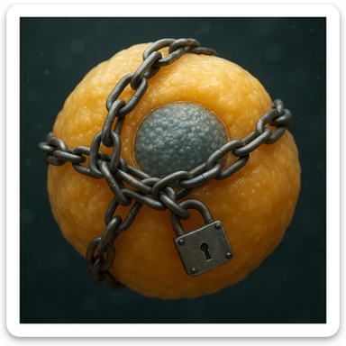 adipocyte with visible nucleus wrapped in chains and padlock, hyper realistic 4K, microscopic details, scientific atmosphere sticker