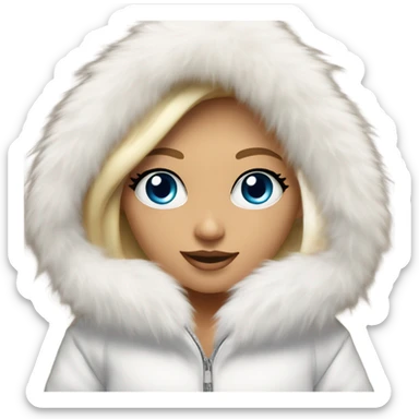 Tanned Girl with lashes and blue eyes, blonde hair, in a extremely big fluffy oversized white fur coat with hood on. The fur is real and it’s very obvious big and fluffy  sticker