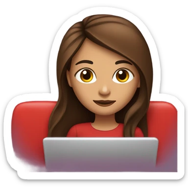 Brunette girl with long straight brown hair and black eyes is lying on a red sofa with her laptop on her lap sticker