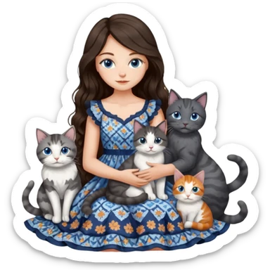 detailed realistic looking a dark grey and white cat regally sitting with six other cats, cuddling with their owner who is a pretty bratz lightly tanned white girl with long dark brown hair, blue eyes and gorgeous long wavy hair wearing a pretty detailed dress sticker